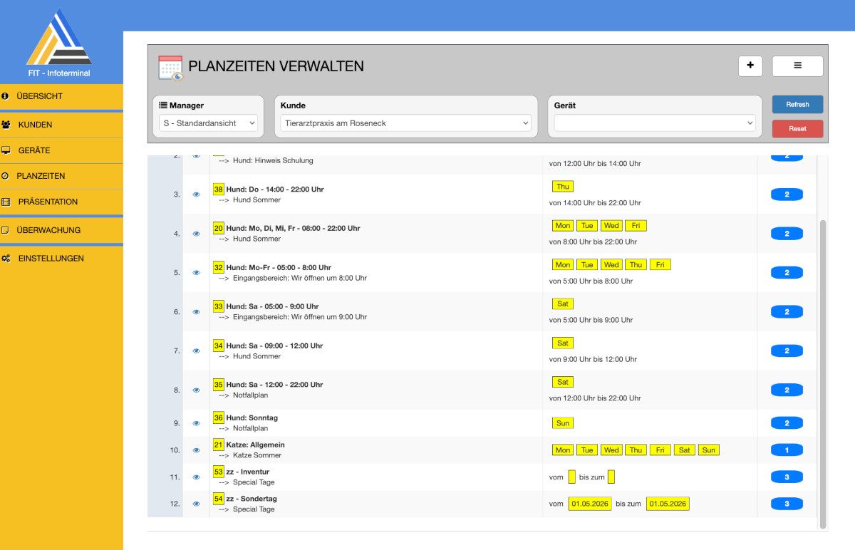 Webbasierte Verwaltung von Geräten, Präsentationen und Ausspielzeiten